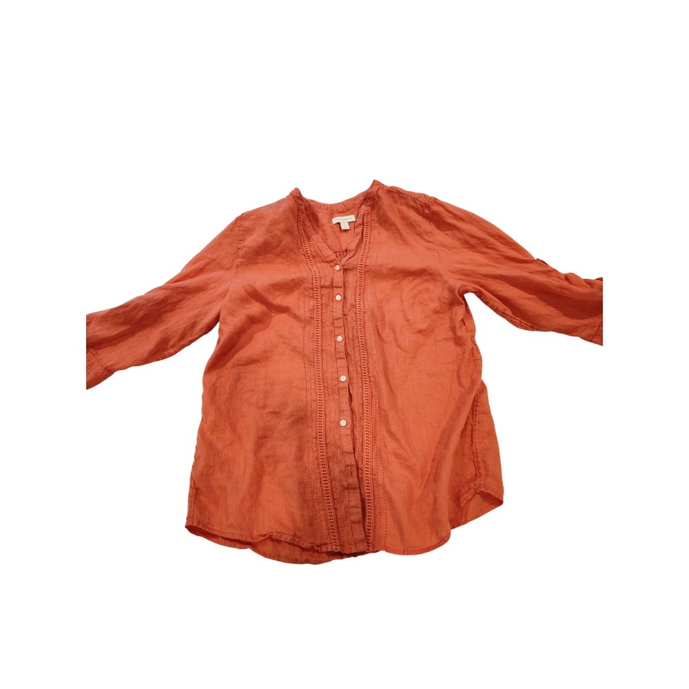Charter Club Women's Coral 100% Linen Blouse L Button Front Roll Tab Sleeve